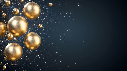 Golden spheres and glitter on dark background