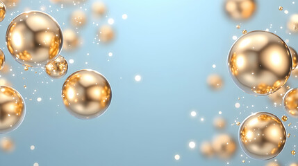Golden spheres float on a light blue background, creating an elegant and luxurious abstract design