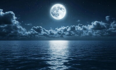 Fototapeta premium Full Moon Shining Over Calm Ocean Waters at Night with Clouds