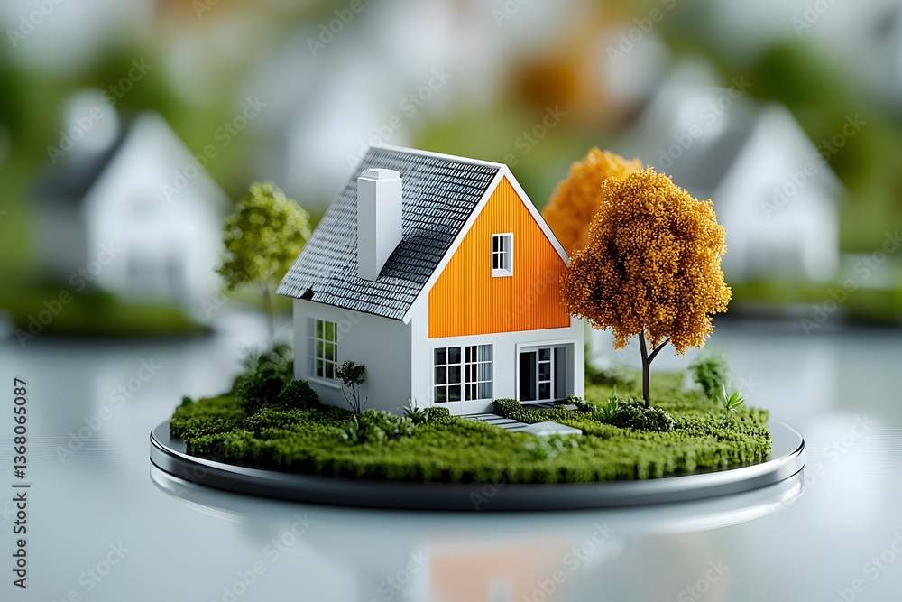 Poster rendering of a vibrant orange model home standing out amongst a set of uniform white houses in a tra