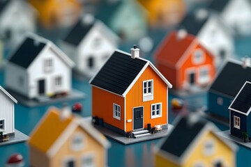 rendering showcasing a vibrant orange home prominently featured among a neighborhood of muted white houses