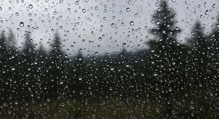 Raindrops on a windowpane with a blurred forest backdrop on a gloomy day