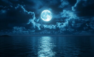 Full Moon Over Ocean with Cloudy Sky and Water Reflection at Night