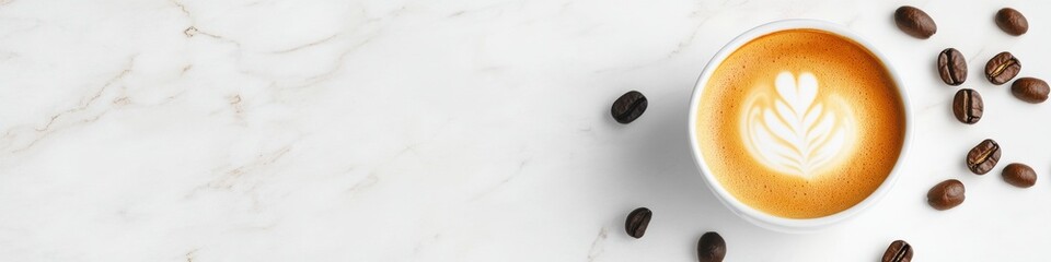 Minimalist Artisan Coffee Aesthetic Premium Latte Art on Marble with Scattered Beans - Sensory Gourmet Experience and Contemporary Cafe Branding