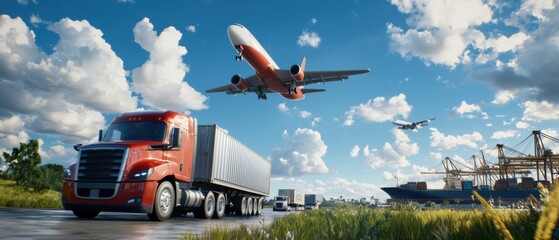 Aerial view of a bustling container yard filled with semi-trucks, cargo containers, and active logistics Cranes and forklifts are moving freight.