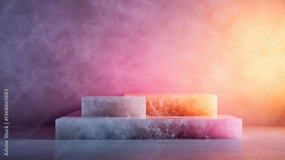 Poster a set of textured blocks arranged in layers, beautifully illuminated by a gradient background, creat