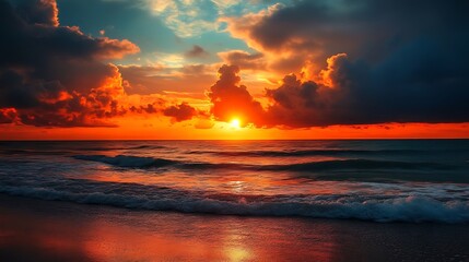 Obraz premium Fiery Sunset over the Ocean: A Breathtaking Coastal Panorama