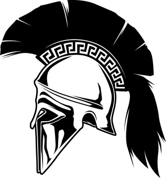 Spartanischer Helm mit Helmbusch und klassischem Muster &ndash; Symbol f&uuml;r St&auml;rke, Ehre und antike Kriegertradition im Schwarz-Wei&szlig;-Stil.