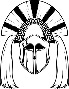 Spartanischer Helm mit Helmbusch und klassischen Mustern, inspiriert von der antiken griechischen Kriegerkultur, in Schwarz-Wei&szlig; gestaltet.