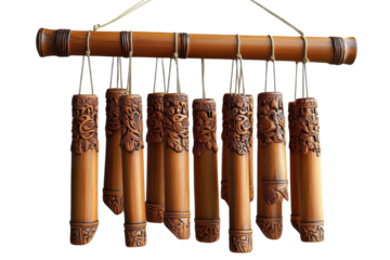 Serene bamboo wind chimes adorned with intricate carvings, creating a calming melody in any space with rich brown tones and natural textures.