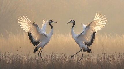 Red-crowned cranes courtship dance, misty dawn meadow