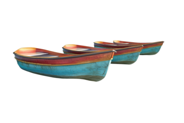 Three weathered fishing boats, painted in vibrant teal, red, and orange hues, rest peacefully in a row, hinting at a quiet seaside village and a life connected to the sea.