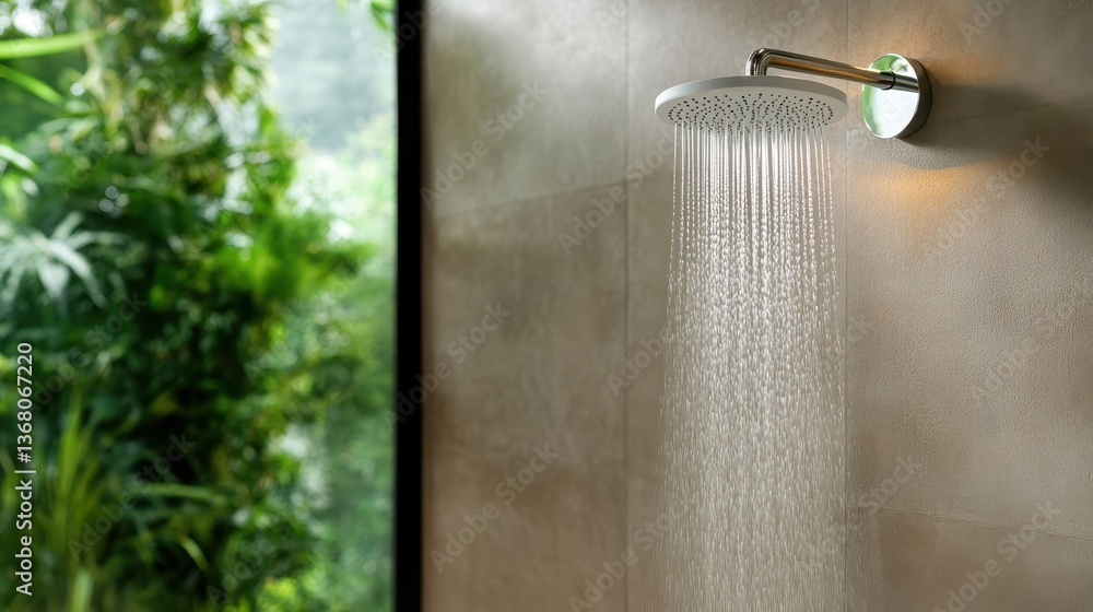 Poster this minimalist shower head is set against a backdrop of lush greenery, emphasizing a connection to 