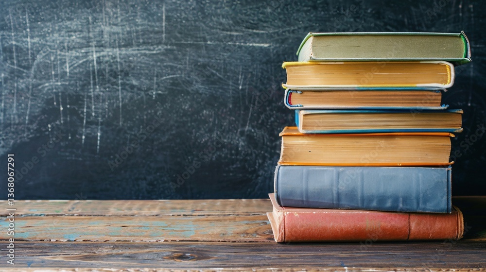 Poster Pile of weathered books on a desktop in front of an empty chalkboard