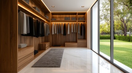 A spacious walk-in closet with wooden furnishings offers a view of beautiful greenery, blending indoor charm with the allure of the outdoors effortlessly.