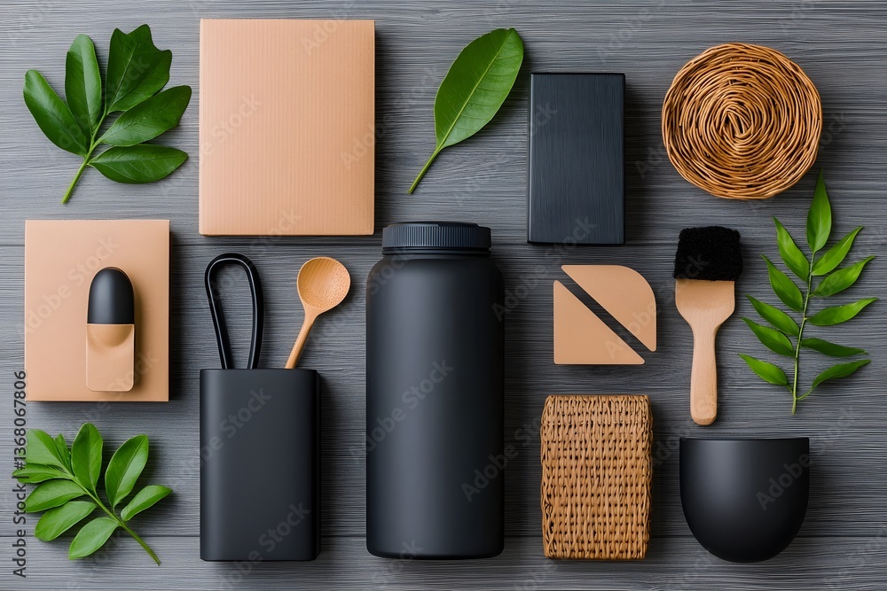 Aufkleber stylish flat lay arrangement of various storage containers in different materials and forms displaye