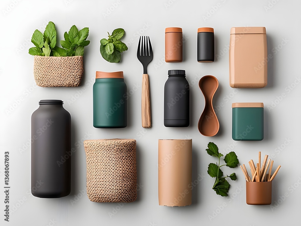 Poster stylish flat lay arrangement showcasing a mix of storage containers in cardboard wicker and metal ma