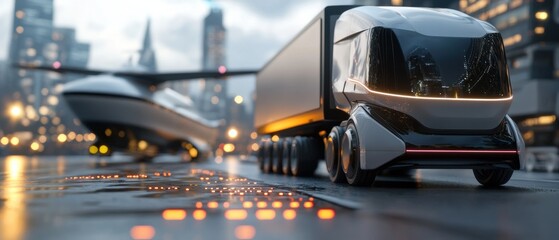 Futuristic cityscape showcasing an AI-controlled cargo transport system with advanced automation and logistics technologies. The scene depicts a high-tech, efficient.