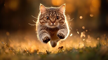 Tabby cat leaping through golden sunset light