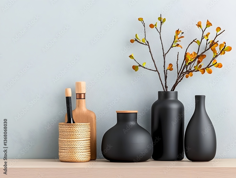 Poster stylish flat lay capturing a selection of artisanal storage containers in diverse shapes and texture