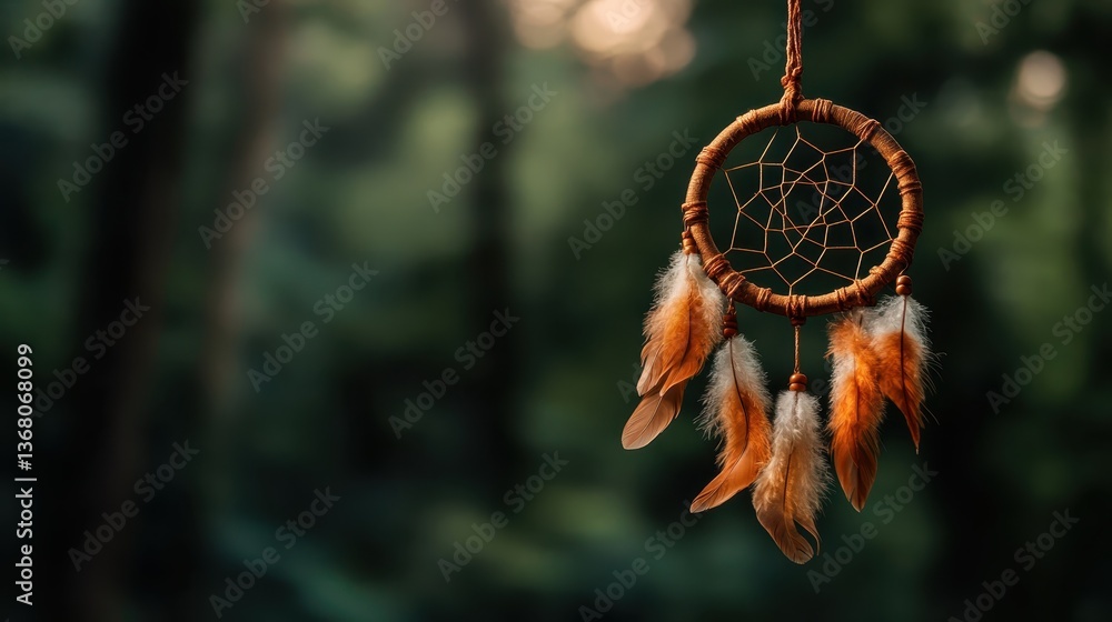 Poster an enchanting image of a dreamcatcher elegantly suspended in a lush green forest, featuring soft bok