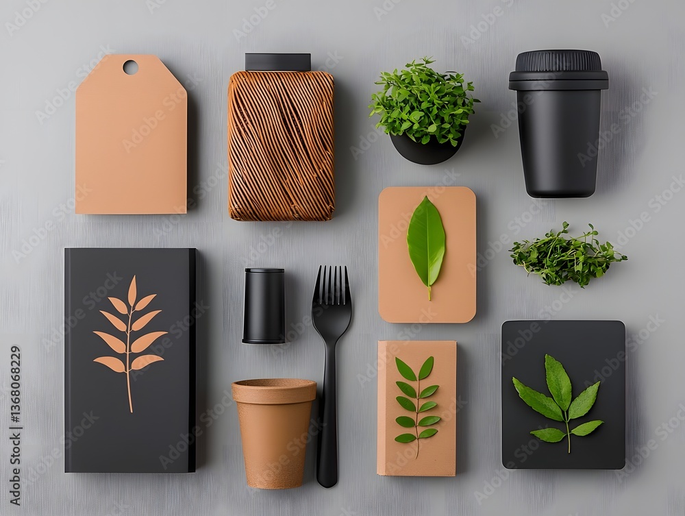 Poster stylish flat lay composition showcasing a selection of various storage containers including cardboar