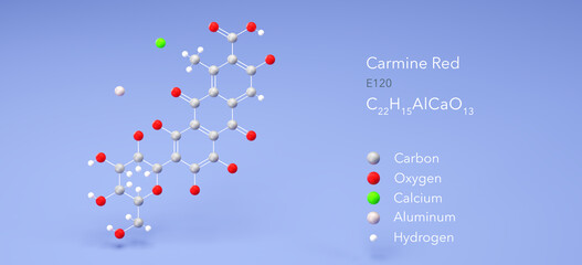 carmine red molecule, molecular structure, e120 3d model, Structural Chemical Formula and Atoms with Color Coding