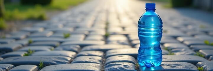 Close-up of blue plastic water bottle on textural cobblestone pathway, single-use, close-up, environmental