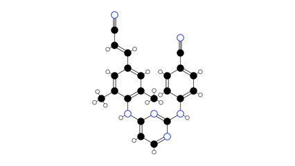 rilpivirine molecule, structural chemical formula, ball-and-stick model, isolated image hiv nonnucleoside reverse transcriptase inhibitors