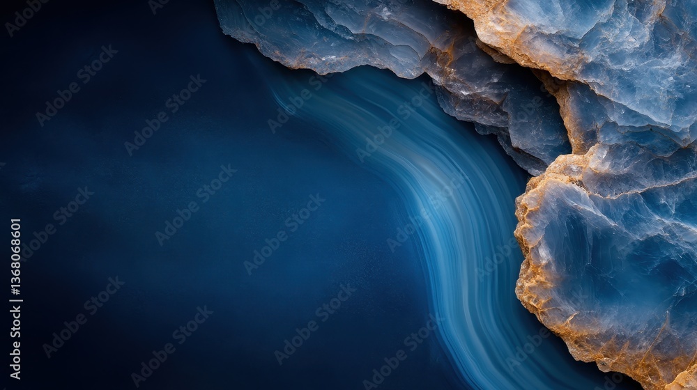 Poster a mesmerizing abstract pattern of agate stone featuring deep blue tones and soft wavy lines, creatin