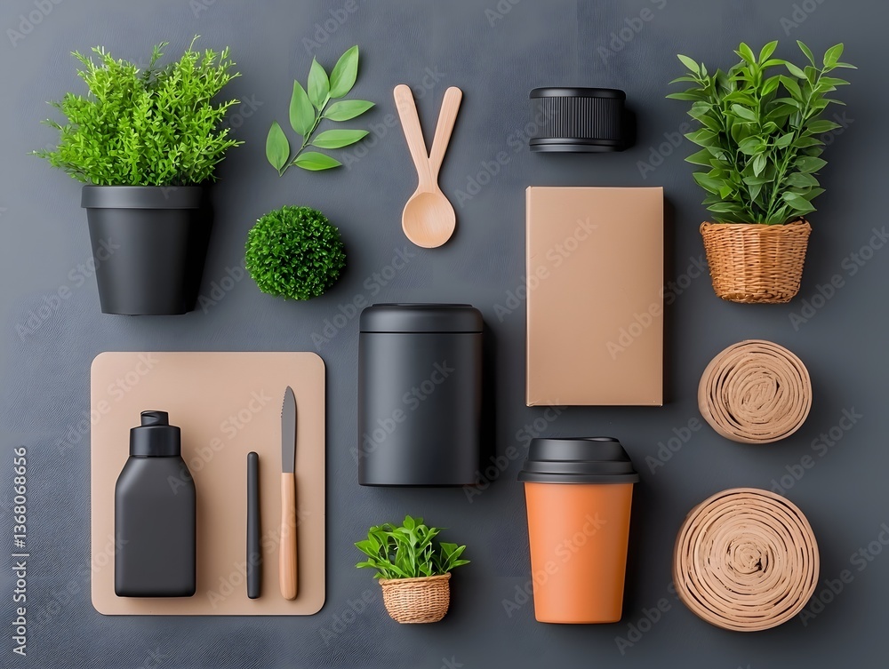 Poster stylish flat lay of diverse storage containers including cardboard wicker and metal pieces arranged 