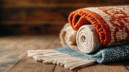 An inviting arrangement of rolled cozy knit blankets, showcasing their soft textures and warm colors, perfect for enhancing comfort in any living space or relaxation area.
