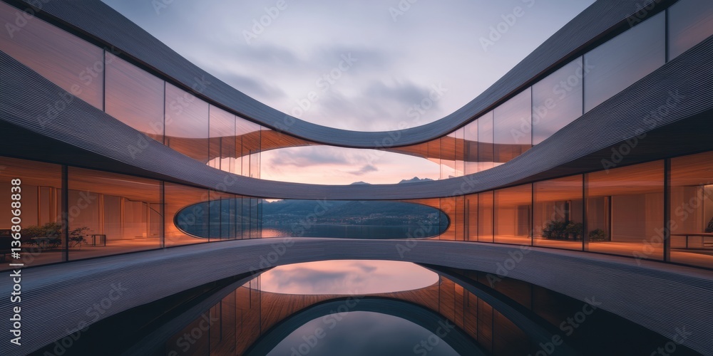 Poster fluid architecture reimagined minimalist curved glass design capturing twilight reflections - innova