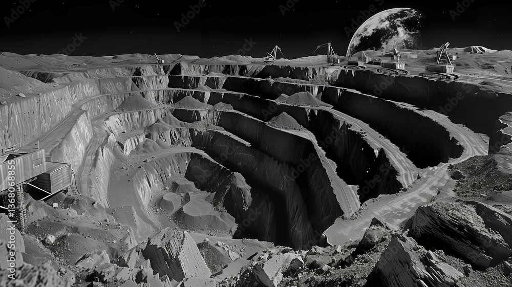 Poster this regolith extraction is underway at a futuristic lunar refinery on an asteroid.