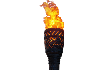 A fiery torch, a symbol of unwavering hope and resilience, burning brightly against a stark white background with intricate carvings.