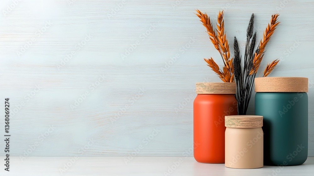 Poster thoughtfully arranged assortment of storage containers featuring cardboard wicker and metallic accen