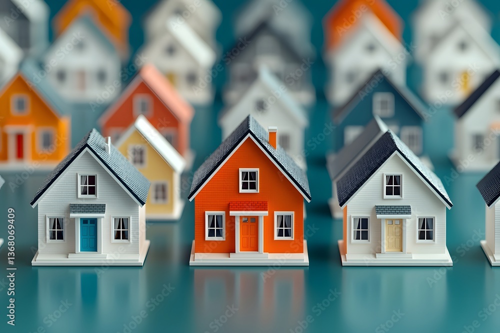 Poster tidy rows of small scale white model homes with one distinct orange house in the center illustrating