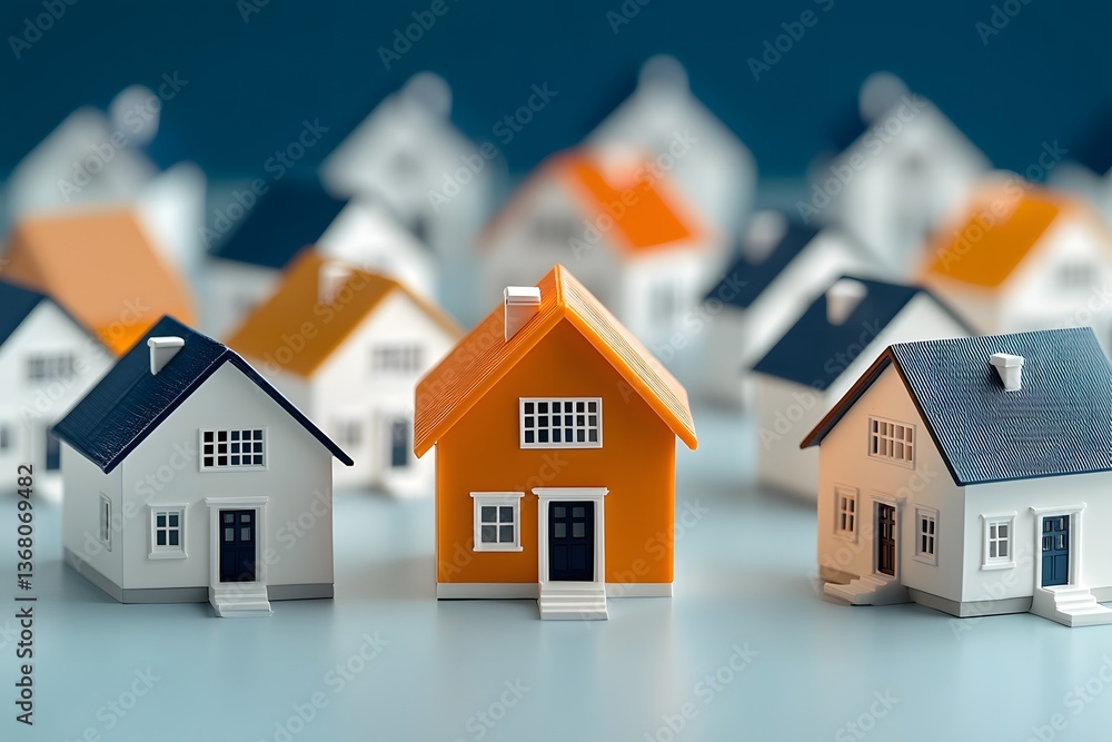 Poster tidy rows of small scale white model homes with one distinct orange house in the middle illustrating