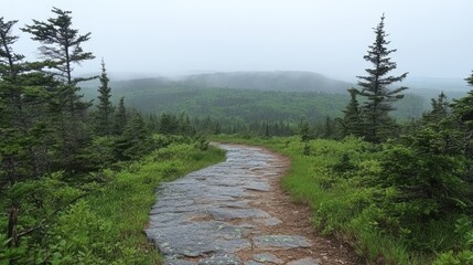 Fototapeta premium Misty mountain trail winds through lush greenery, stone path leading to distant, fog-shrouded peaks
