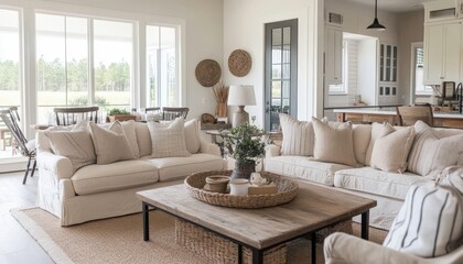Farmhouse Living Room Interior Design Comfortable Beige Sofa and Wooden Coffee Table with Natural Decor