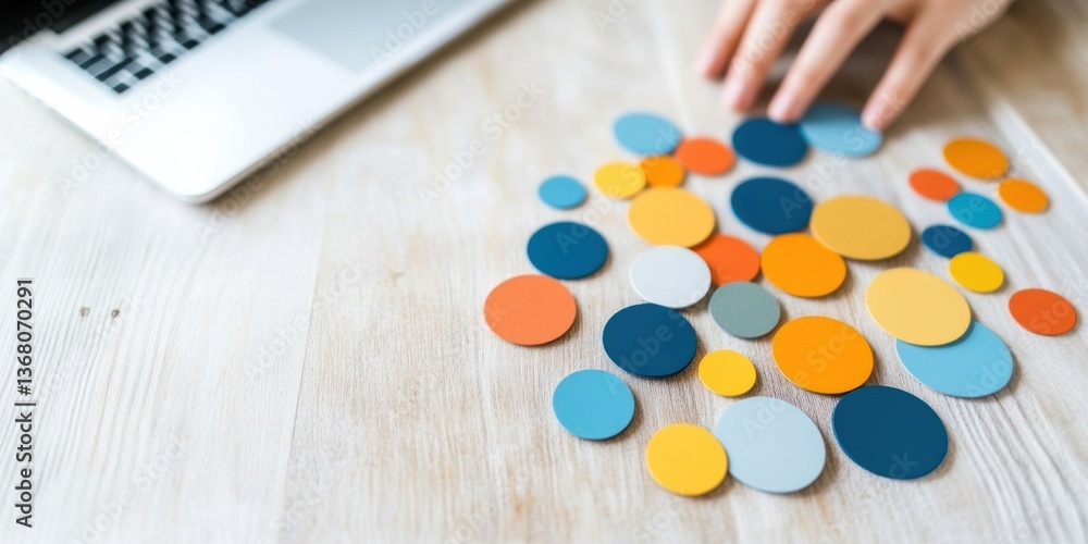 Poster Minimalist Design Workflow Colorful Project Management Circles on Textured Wood - Creative Digital Productivity and Strategic Planning Visualization