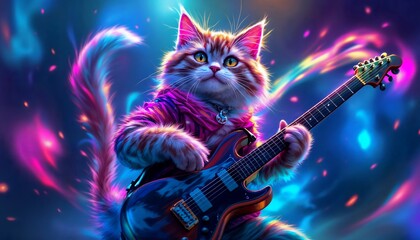 Obraz premium Cat Playing Electric Guitar with Vibrant Neon Lights Background