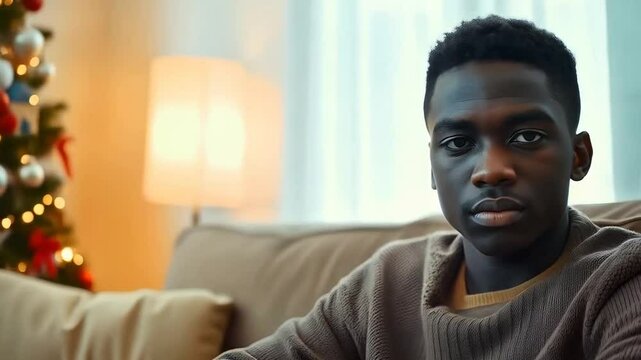 Young black African American teenager boy man sat alone and sad at Christmas