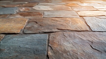 This detailed image features a stylish stone floor in rich earthy tones, illuminated softly by ambient light, creating a warm and inviting atmosphere perfect for various settings.