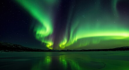 Stunning northern lights dance over a frozen lake, reflecting vibrant colors at night