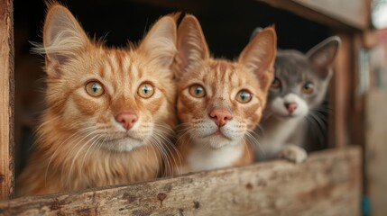 A striking image showcasing three cats of different colors and expressions peering out from their shelter, emphasizing their playful curiosity and the need for companionship.
