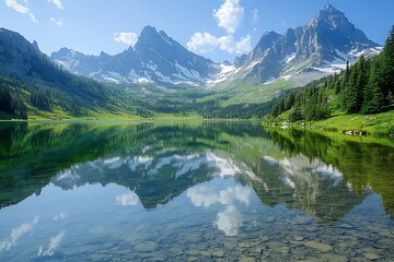 A tranquil mountain lake mirrors the surrounding peaks, capturing the serene beauty of nature in its reflection