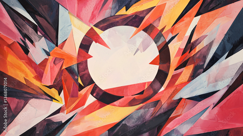 Poster beautiful painting depicting a sun in a fragmented circle surrounded by angular shapes creating a st