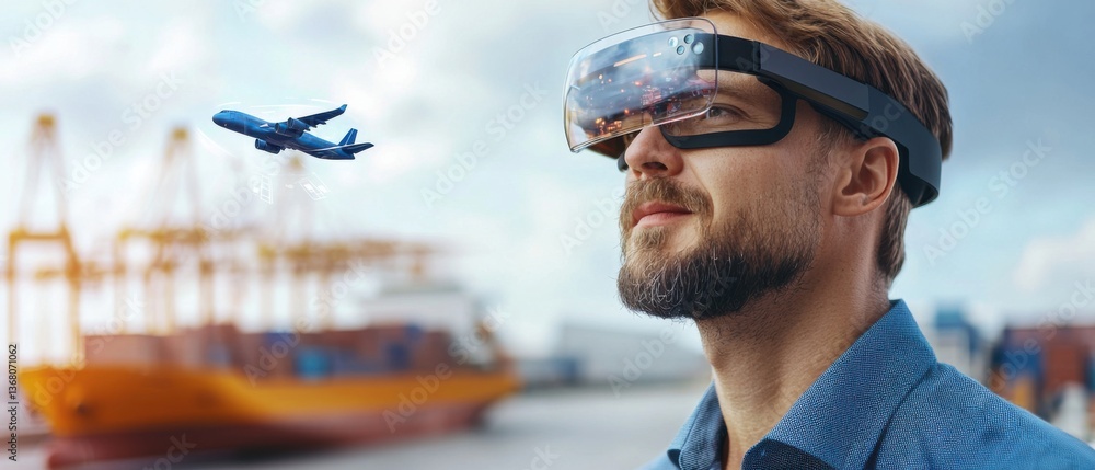 Poster a logistics professional wearing augmented reality glasses to enhance warehouse management, and supp
