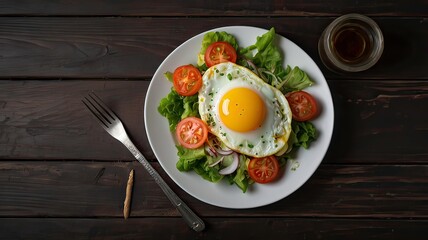 Fried egg salad in white plate on dark wooden background with copy-space